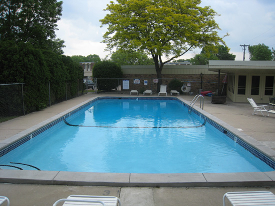 A remodeled swimming pool with updated tile and coping.