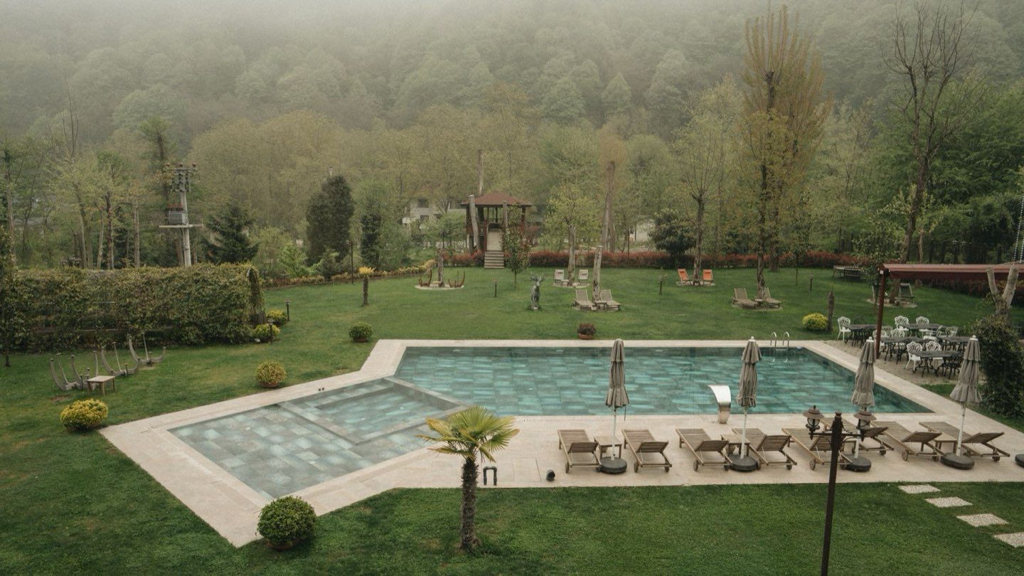 A backyard pool at the edge of a wooded Minnesota yard in soft morning light.