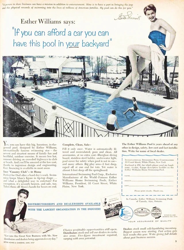 1950s Esther Williams magazine ad: a backyard in-ground pool with the line, if you can afford a car you can have this pool in your backyard.