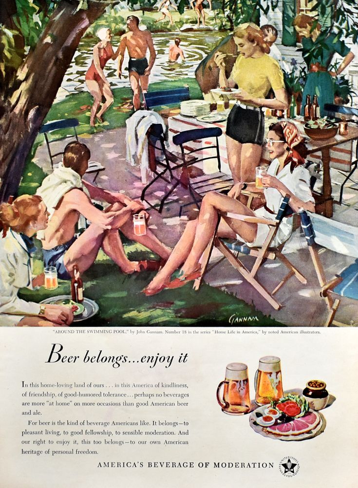 Mid-century painted illustration of families relaxing around a swimming pool on a summer afternoon.