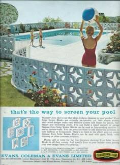 Vintage advertisement showing decorative concrete screen blocks framing a residential pool.